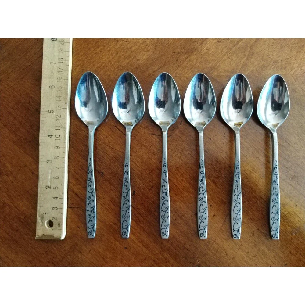 Vtg Lot 6+1  Teaspoons Stainless Grand Prix Florentine Black Swirl Design Japan