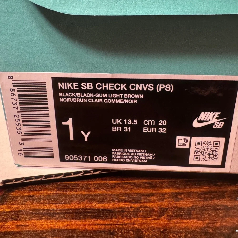 Nike SB Check Canvas PS Black Gum Light Brown Kids Shoes 905371-006 Size 1Y