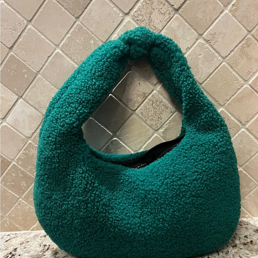Green Fluffy Knot‎ Handle Curved Faux Sherpa Hobo Bag