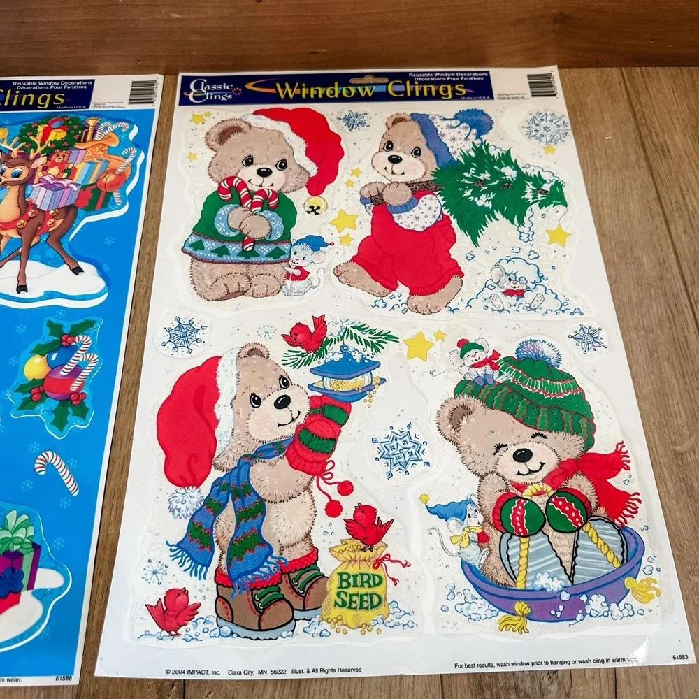 VTG 2000's (2) Christmas Window Clings Decals‎ Santa Reindeer Teddy Bears