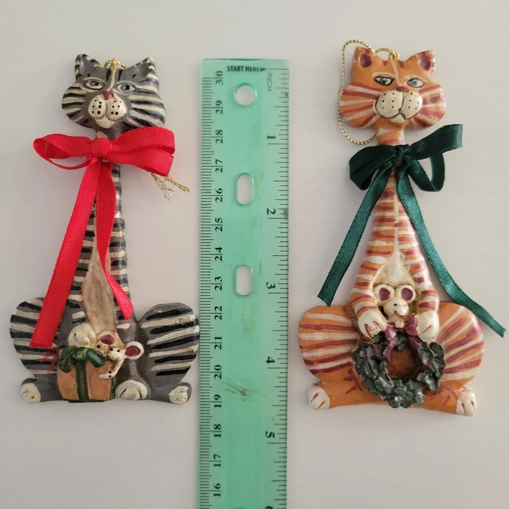 Vtg Kurt Adler Christmas Ornaments (2) Cats Kitty Whimpsical Tiger Tabby Mouse