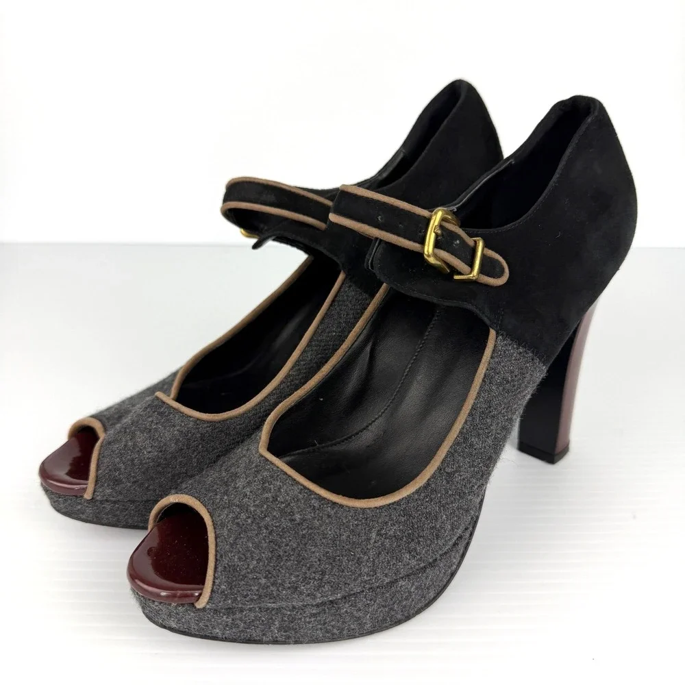 J.Crew Mary Jane Platform Dark Academia‎ Wool Peep Toe Preppy Heels Italy 8.5