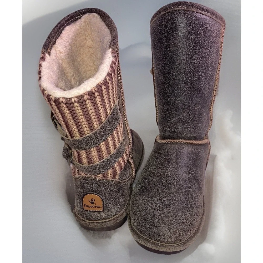 Bearpaw Womens Boots‎ Size 7 Brown Knit Mid Calf Sheepskin Lined Winter Cozy