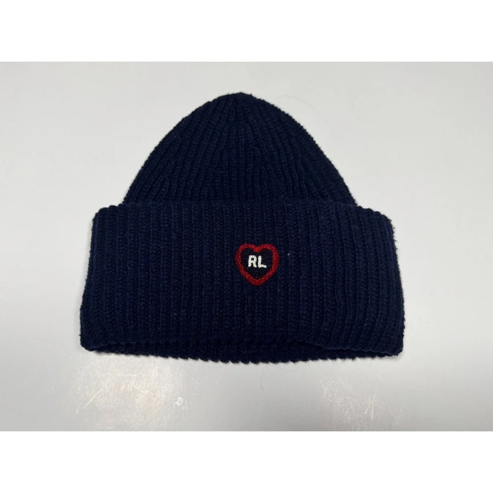 Ralph Lauren Kids Beanie Hat Black Ribbed‎ Knit Heart Patch Cuffed Winter Cap