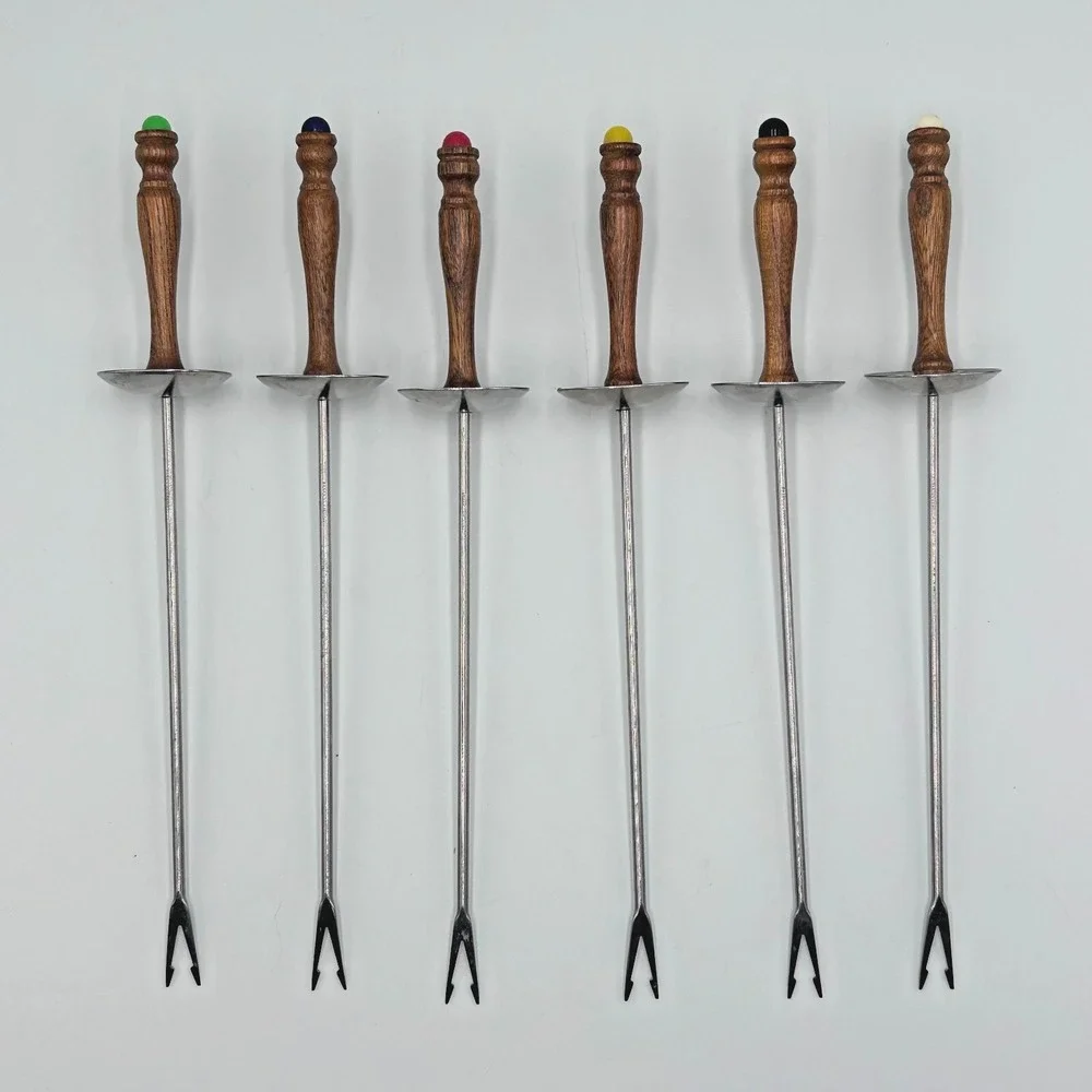 MCM Edelstahl Rostfrei Fondue Forks 6 Ea Germany Stainless Steel 2Prong Wood 11