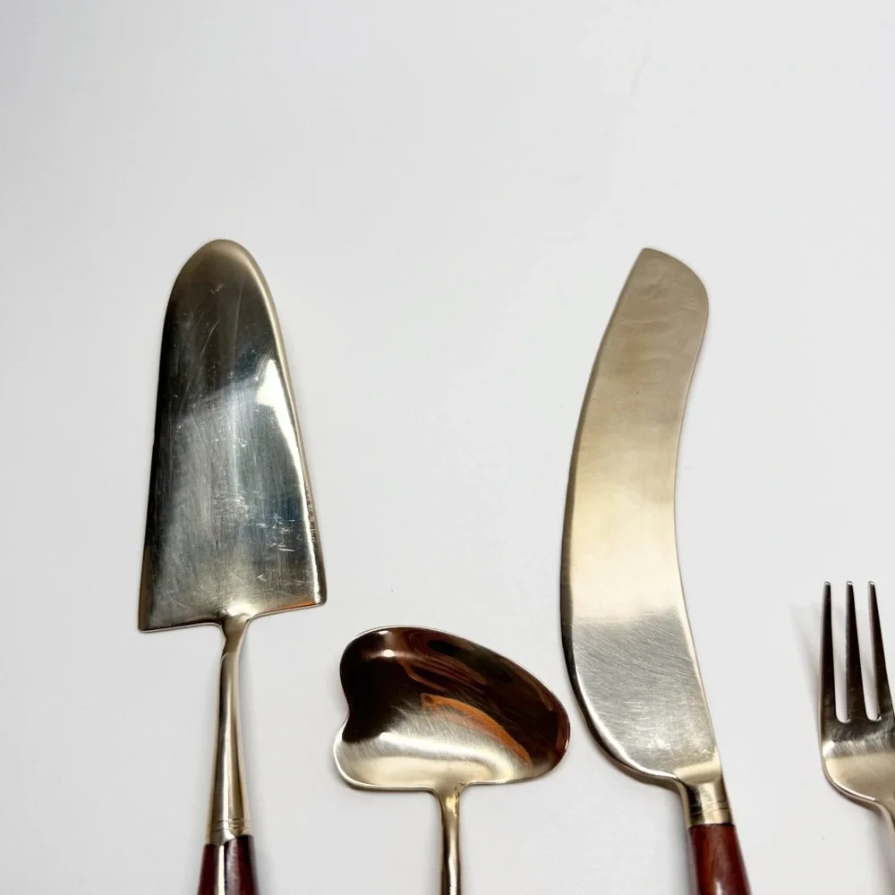 Vintage Bangkok Jewelry Factory Gold Tone Wood Handle Hor D’oeuvres Flatware Set