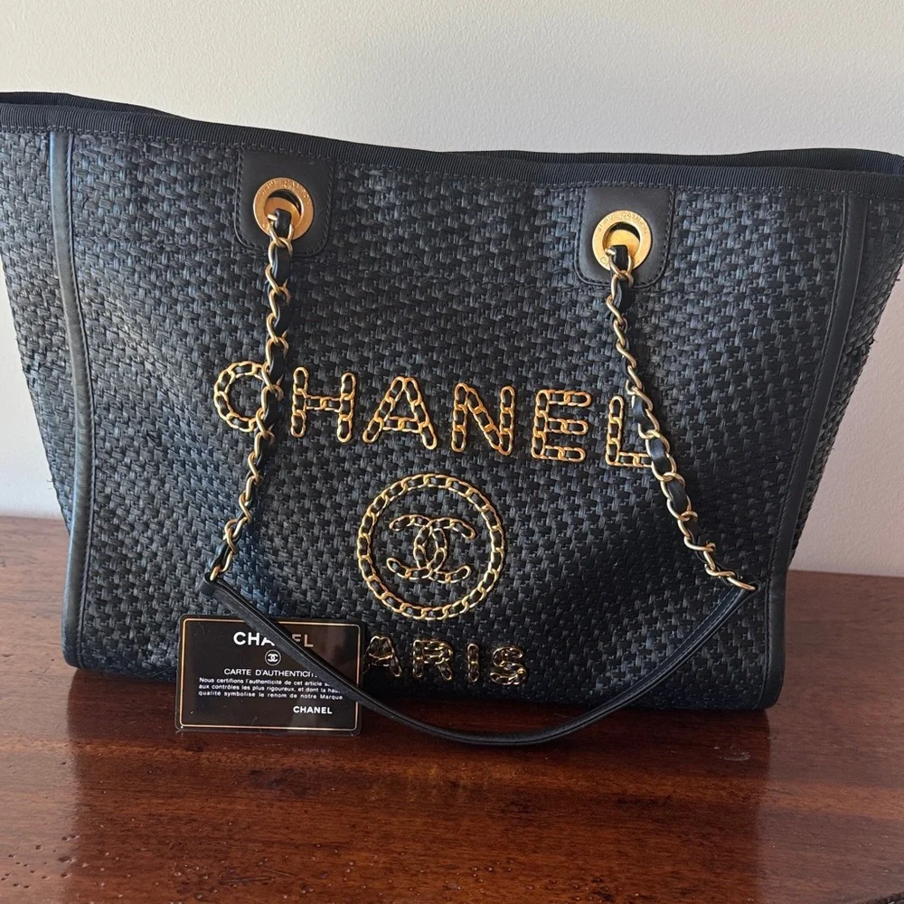 CHANEL Straw Raffia‎ Calfskin Chain Deauville Tote Black