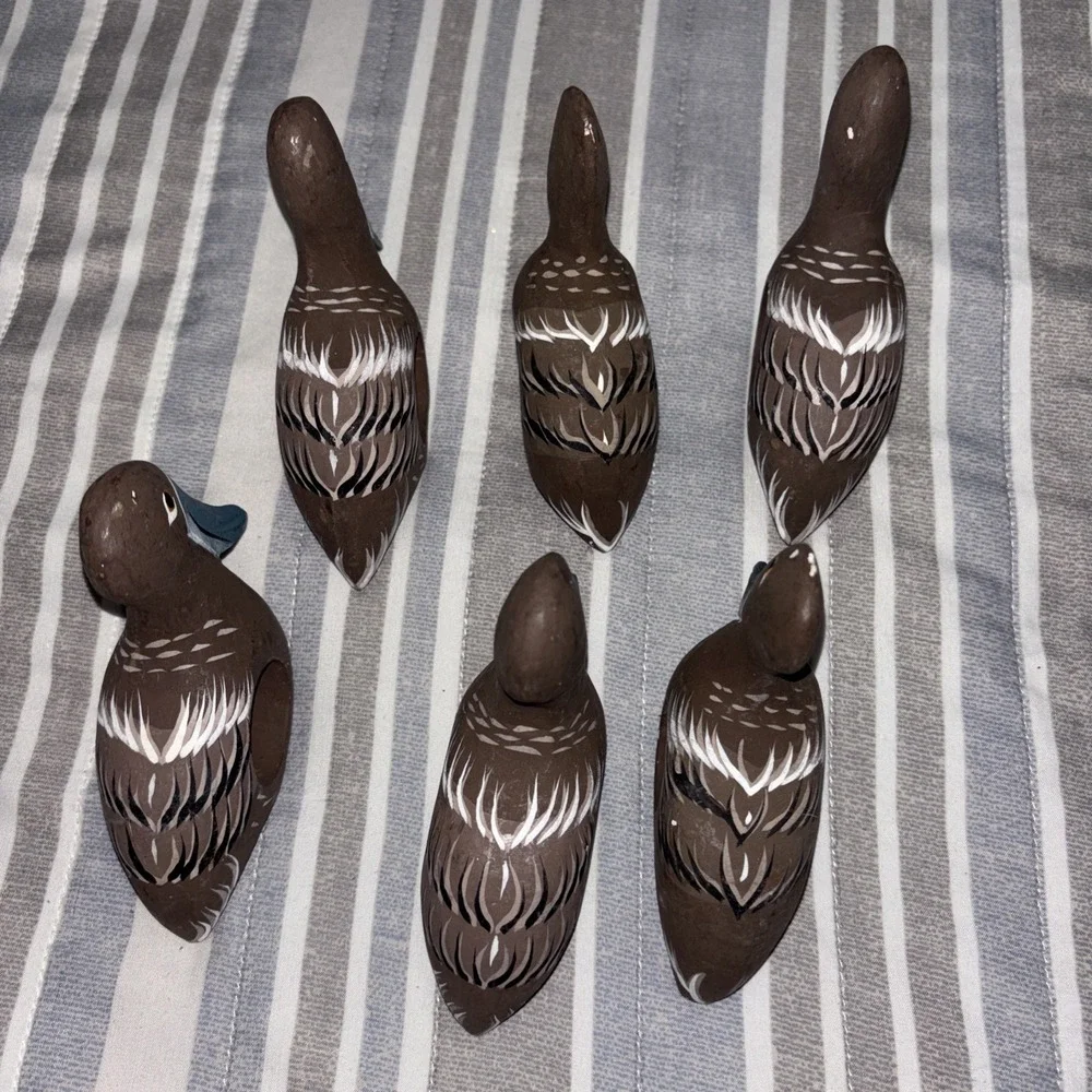 6 Pelican Napkin Ring Holders Wood Hand Carved Beach Bird Coastal Nautical