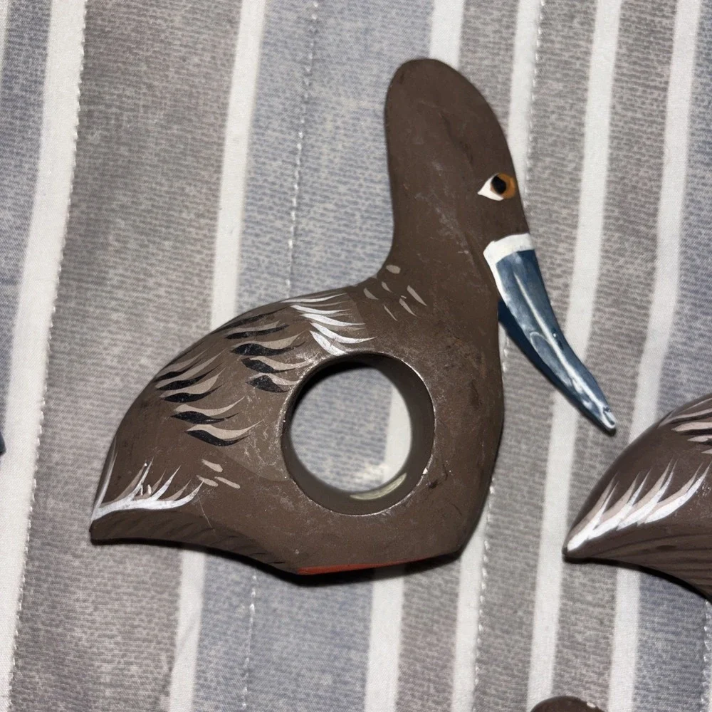 6 Pelican Napkin Ring Holders Wood Hand Carved Beach Bird Coastal Nautical