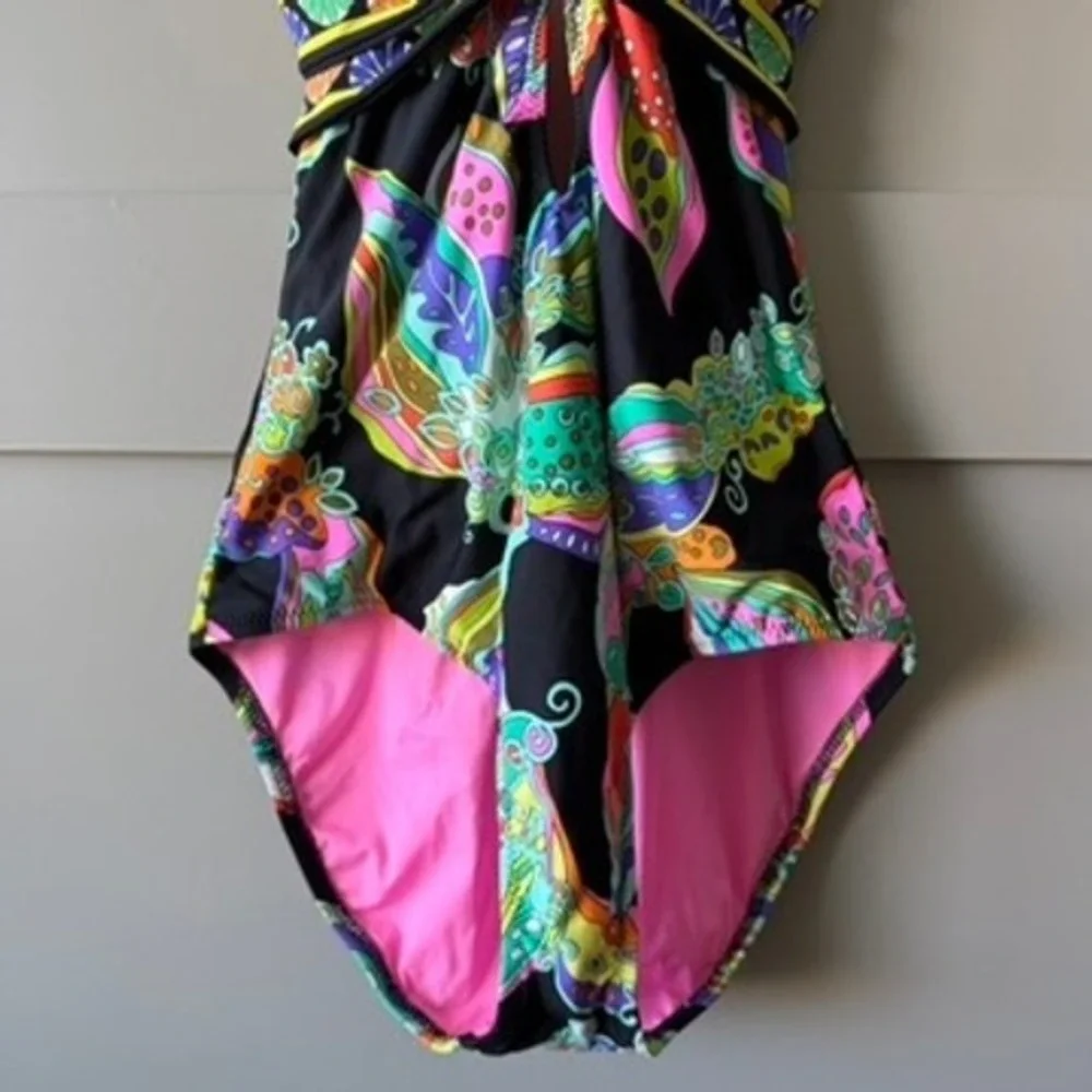 Trina Turk One Piece Swimsuit Womens Sz 8 Multi Psychedelic Strappy Back V-Neck