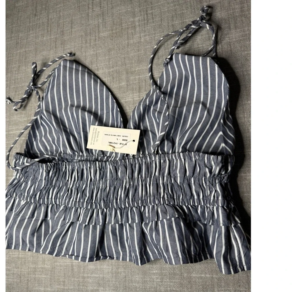 Sim & Sam Grey White Striped Smocked Peplum Halter Top NWT Size L 51216BL