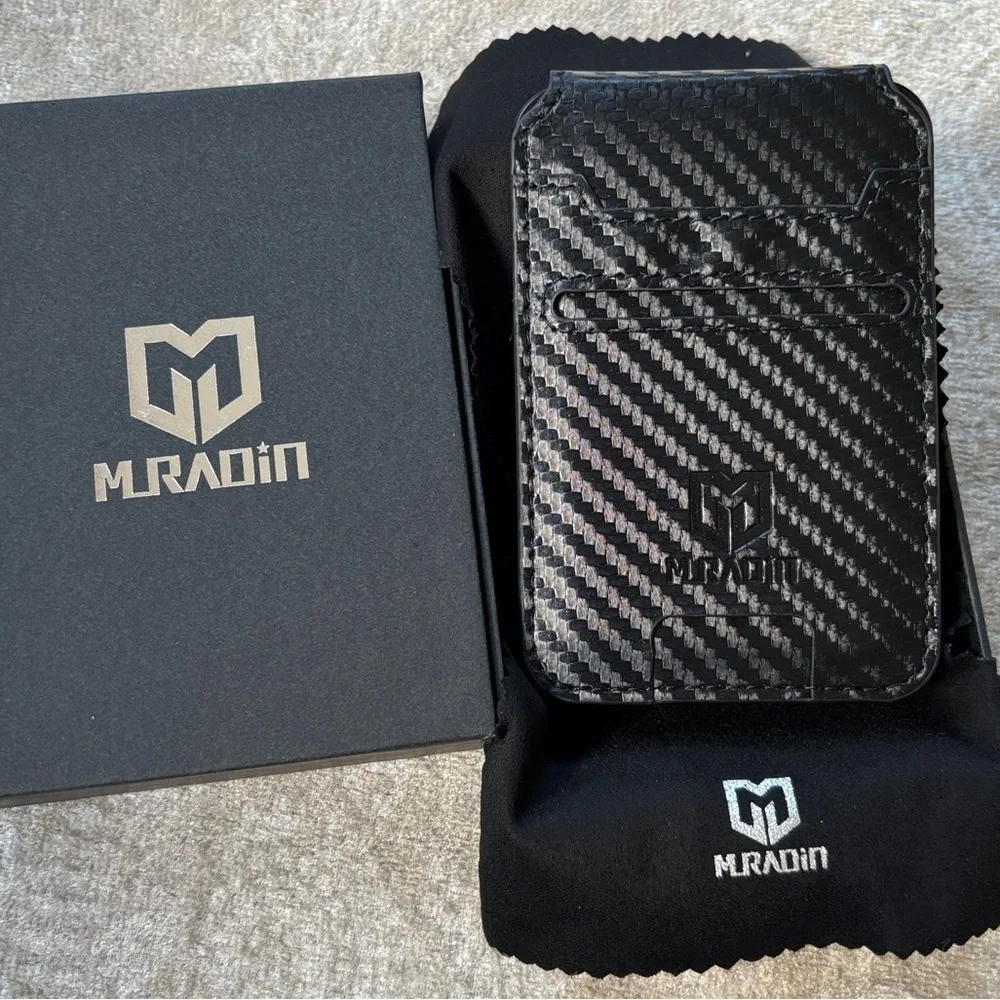 Brand New Muradin Black Carbon Fiber Minimalist Wallet RFID Blocking Card Holder