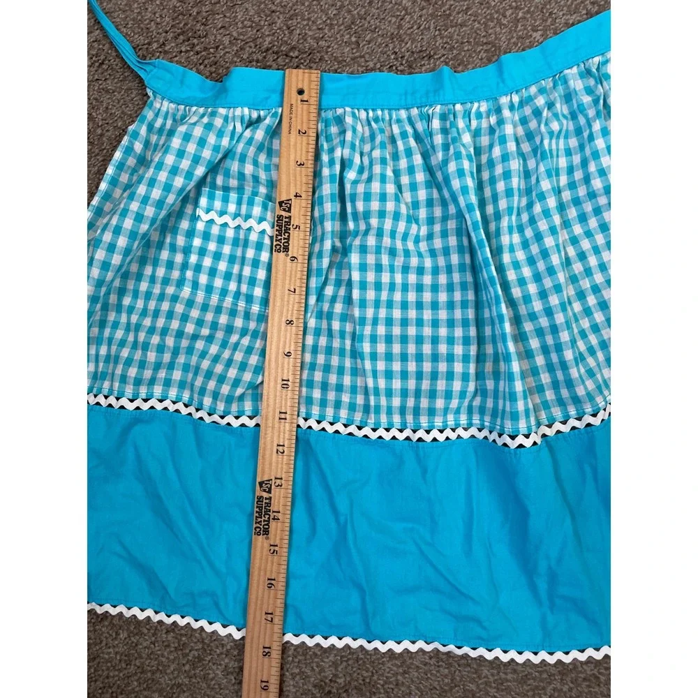 Vintage Blue Gingham Half Apron Rickrack Trim Front Pocket Retro Cottagecore