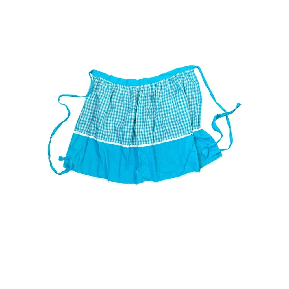 Vintage Blue Gingham Half Apron Rickrack Trim Front Pocket Retro Cottagecore