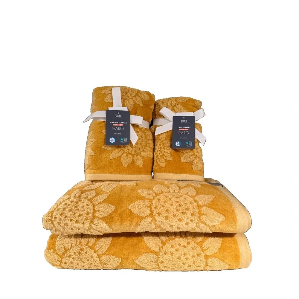 Set of 6 Caro (2) Bath (2) Hand (2) Finger Tip Towels Sunflower Mustard Yellow