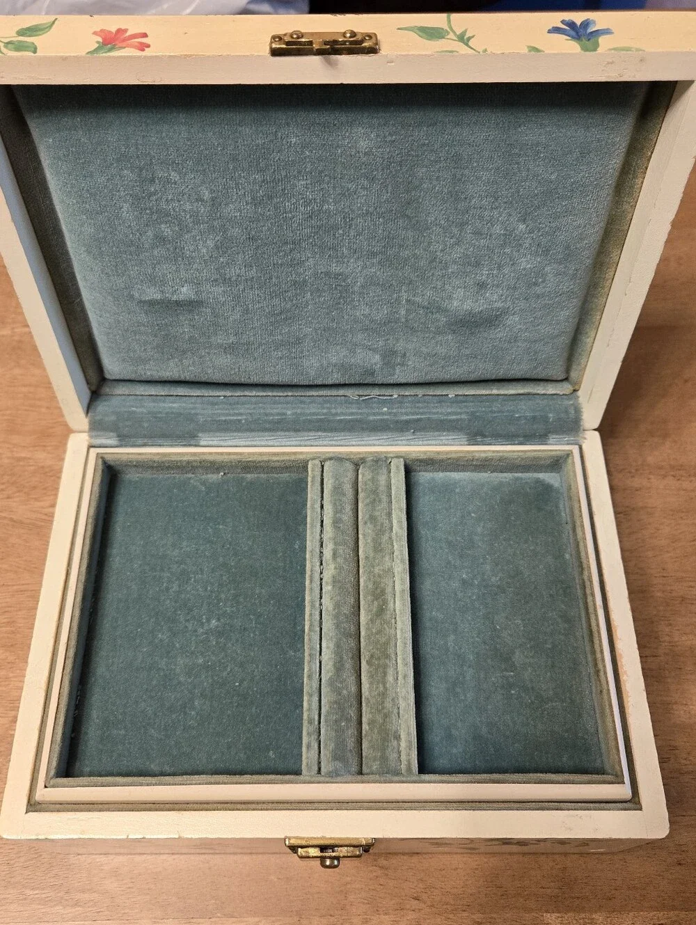 Vintage Hand-Painted Floral Wooden Jewelry Box Velvet Lined