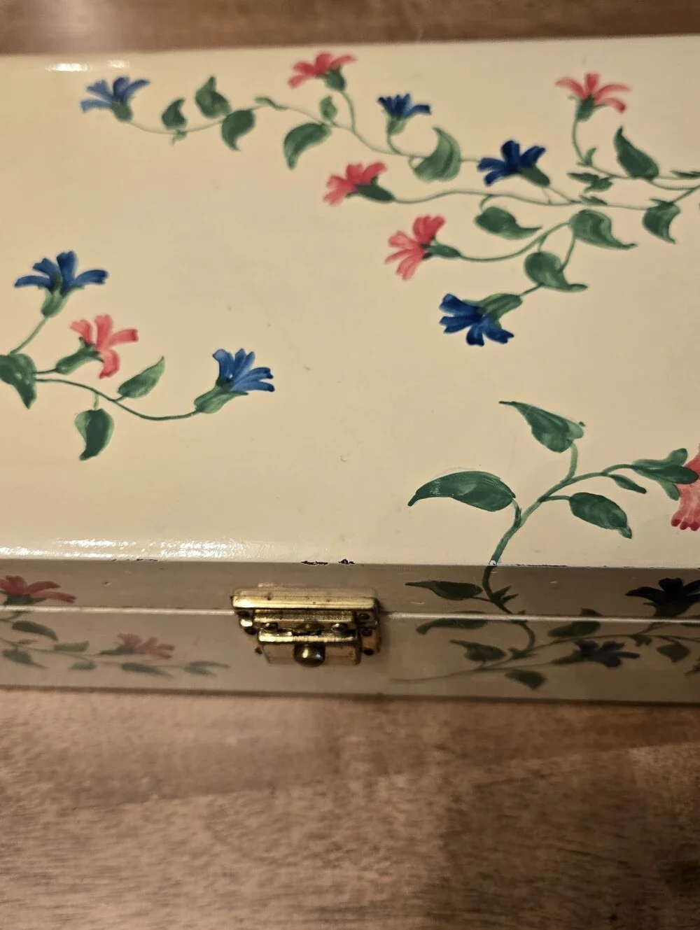 Vintage Hand-Painted Floral Wooden Jewelry Box Velvet Lined