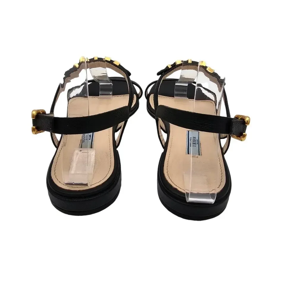 Prada Logo Black Leather Flat Ankle Strap Sandal Gold Buckle Size 36.5 6.5