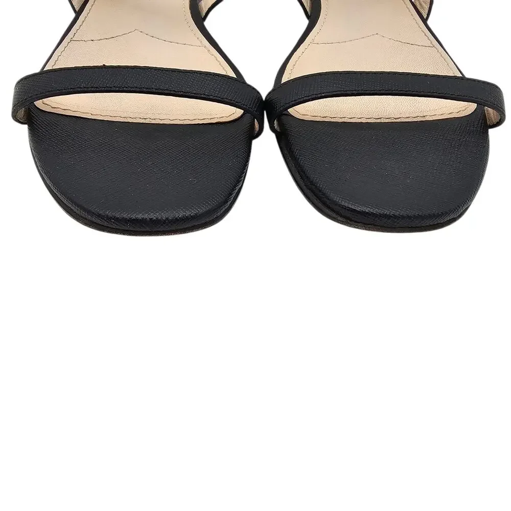 Prada Logo Black Leather Flat Ankle Strap Sandal Gold Buckle Size 36.5 6.5