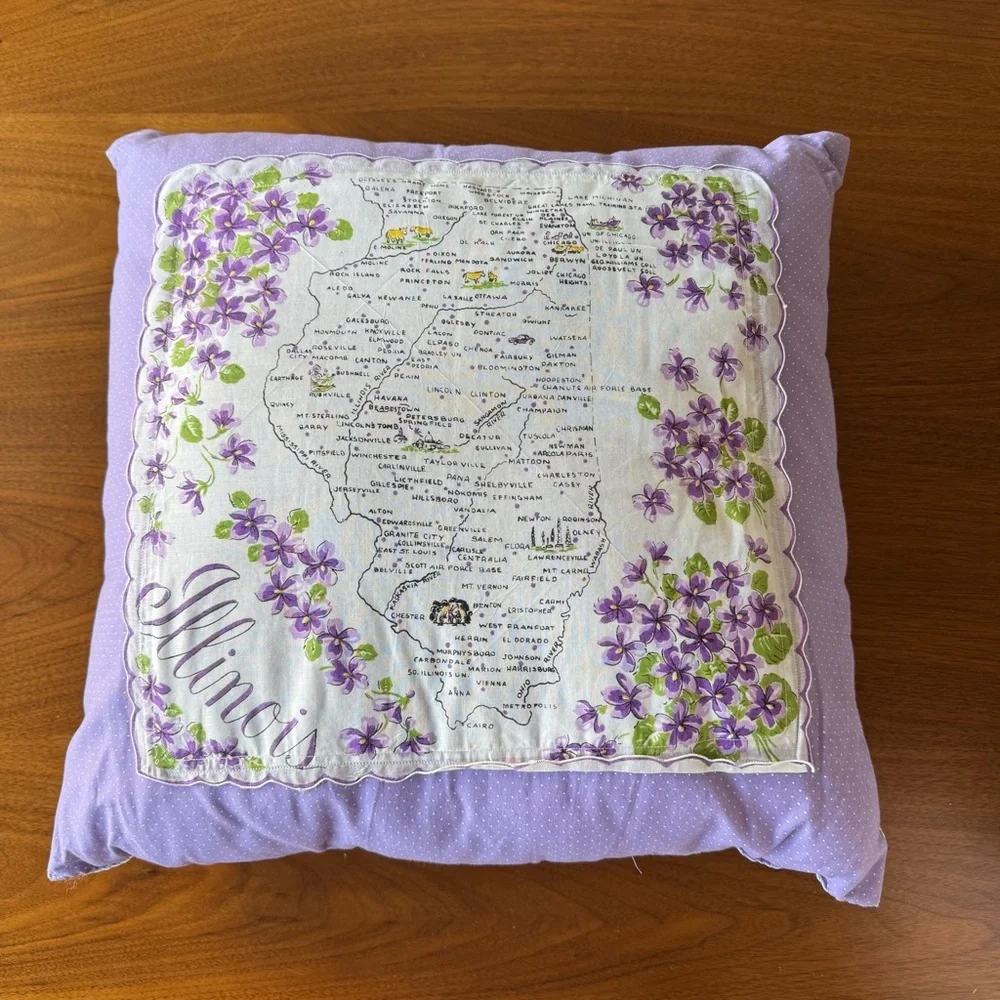 Vintage Illinois Handkerchief Pillow Violets Shabby Chic Retro Country Decor