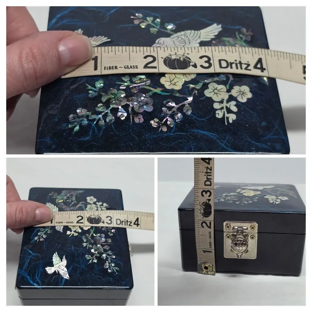 Vintage Korean Asian Lacquered Jewelry Box Turtle Clasp Abalone Shell Birds