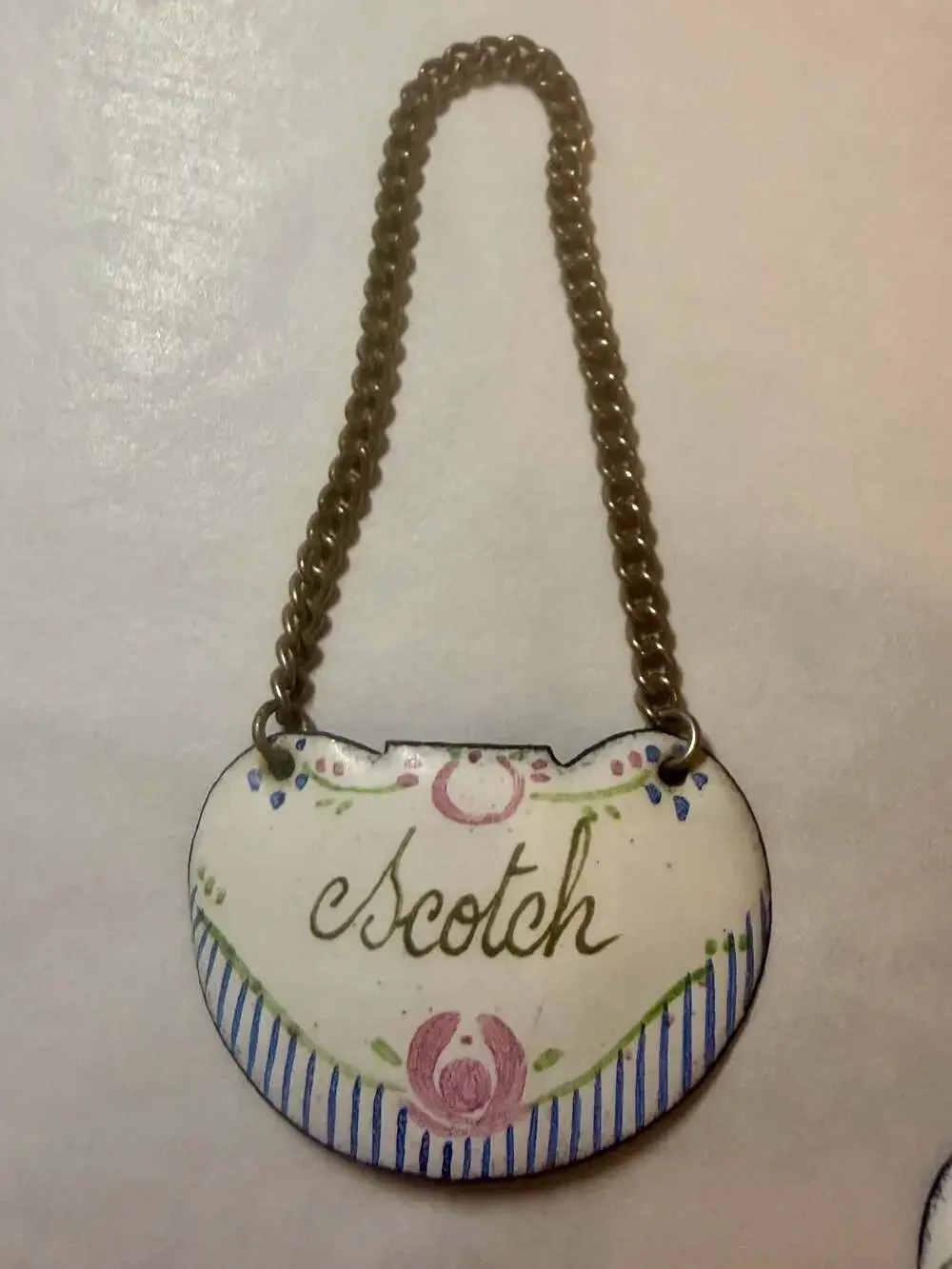 Set of 4 Antique French Hand-Painted Enamel Decanter Labels with Chains