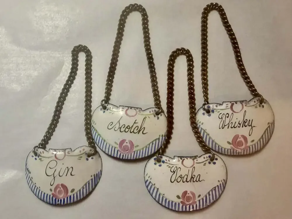 Set of 4 Antique French Hand-Painted Enamel Decanter Labels with Chains