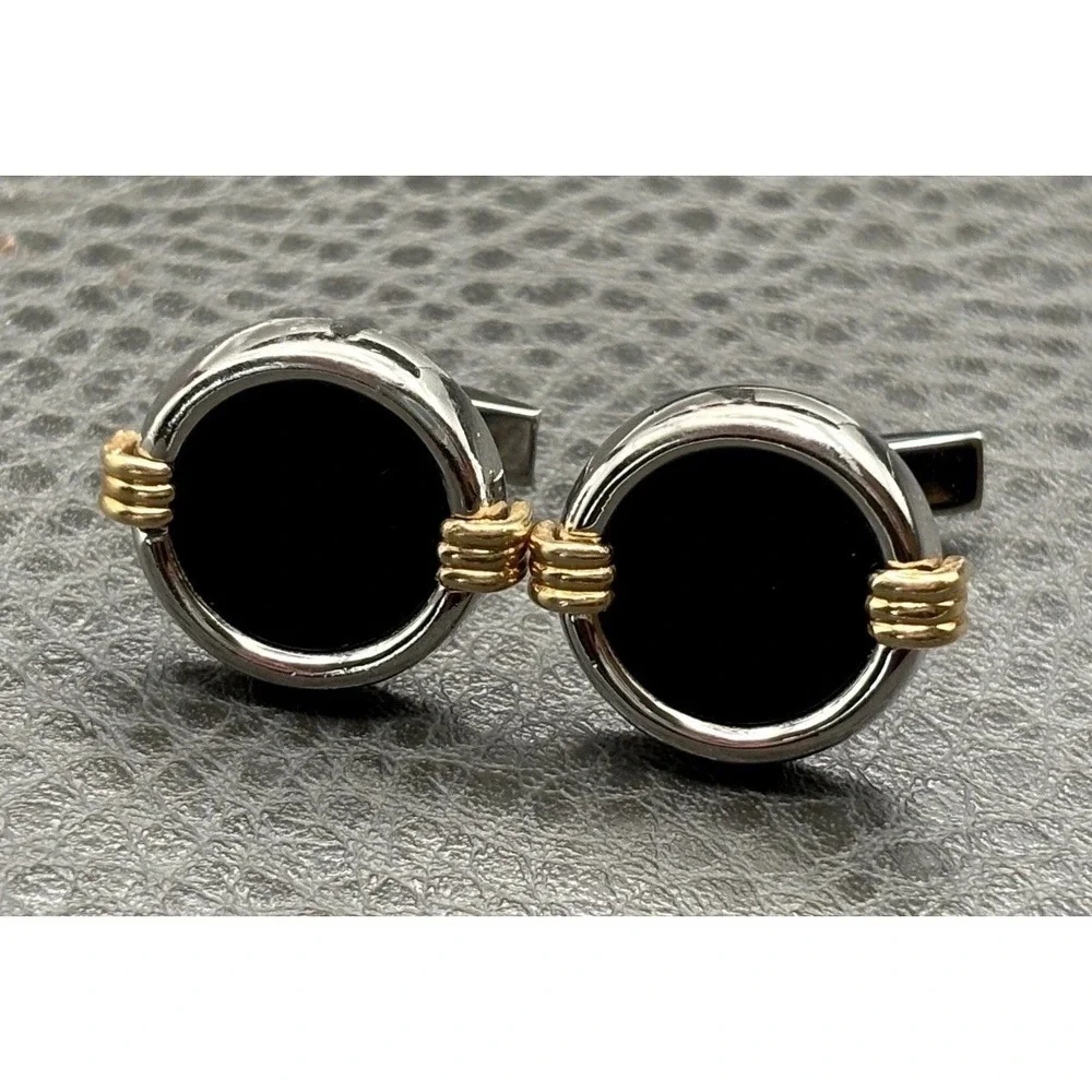 Vintage DOLAN BULLOCK Sterling Silver & 14K Mixed Metal Black Onyx Cufflinks