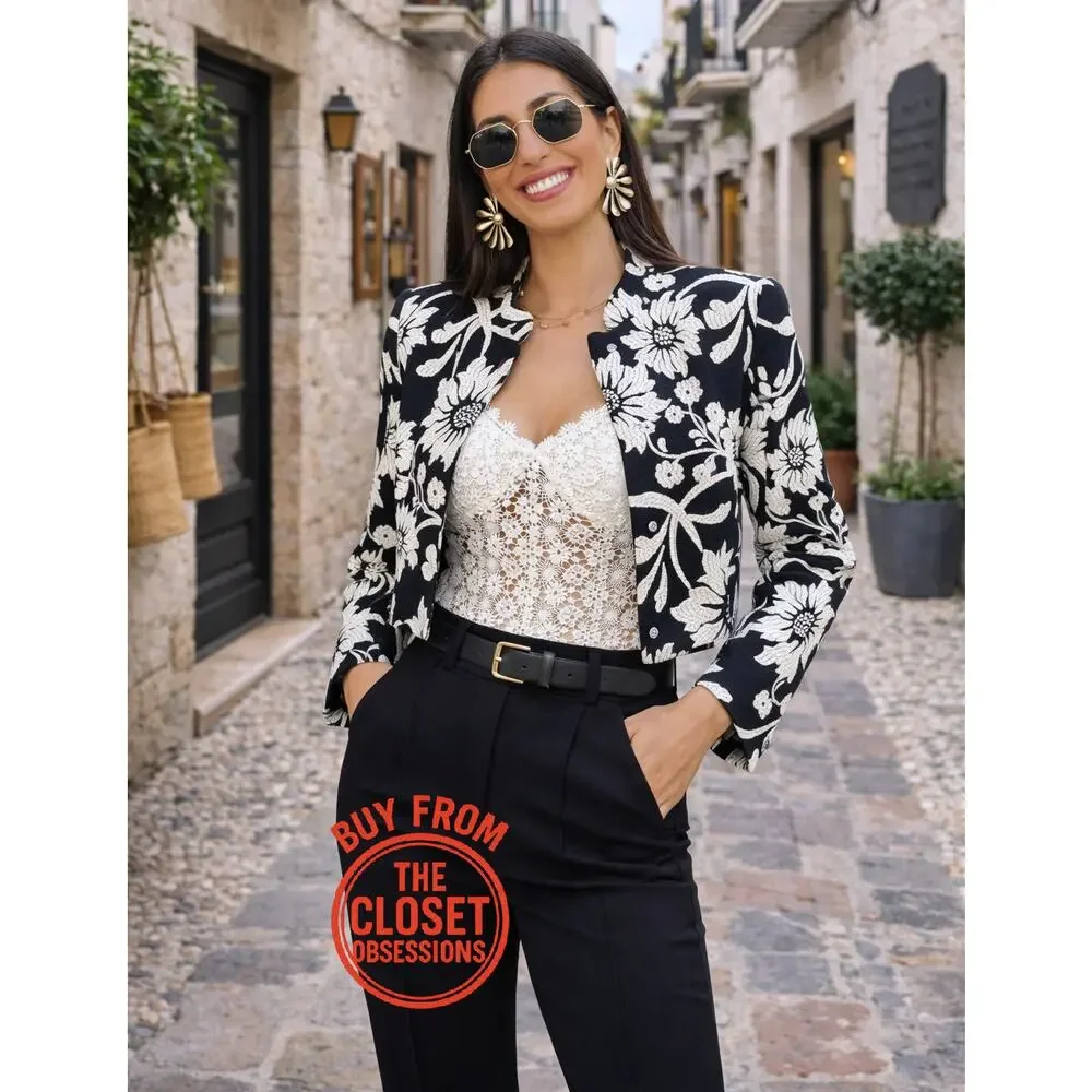 Zara NWT Black White Floral Jacquard Structured Blazer M