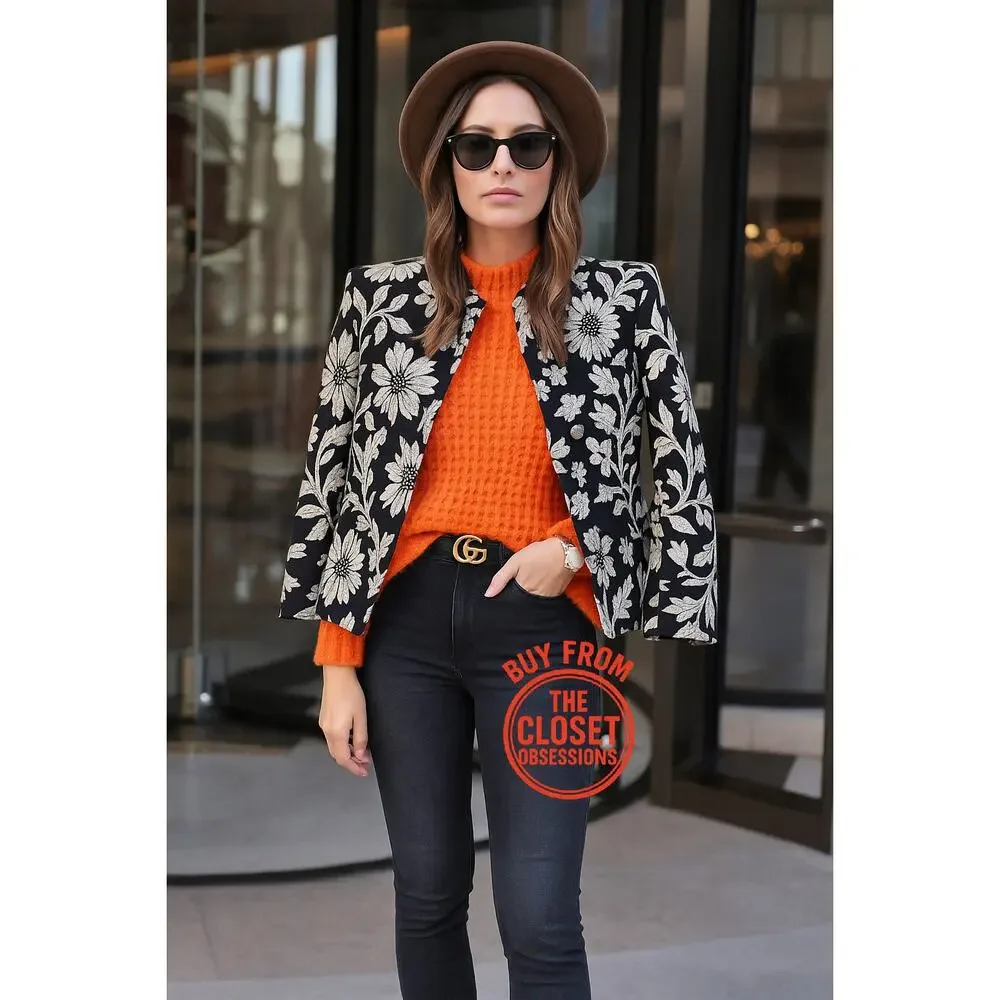 Zara NWT Black White Floral Jacquard Structured Blazer M