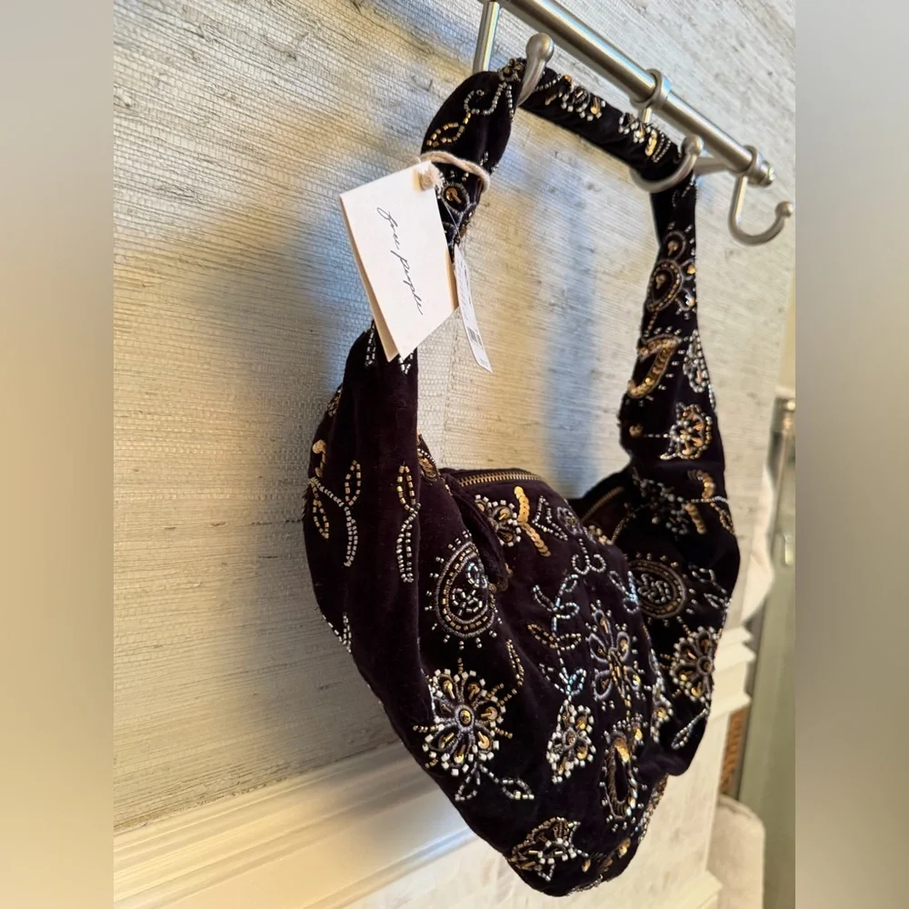 NWT new free people Nashville nights beaded embroidered bag black velvet gold
