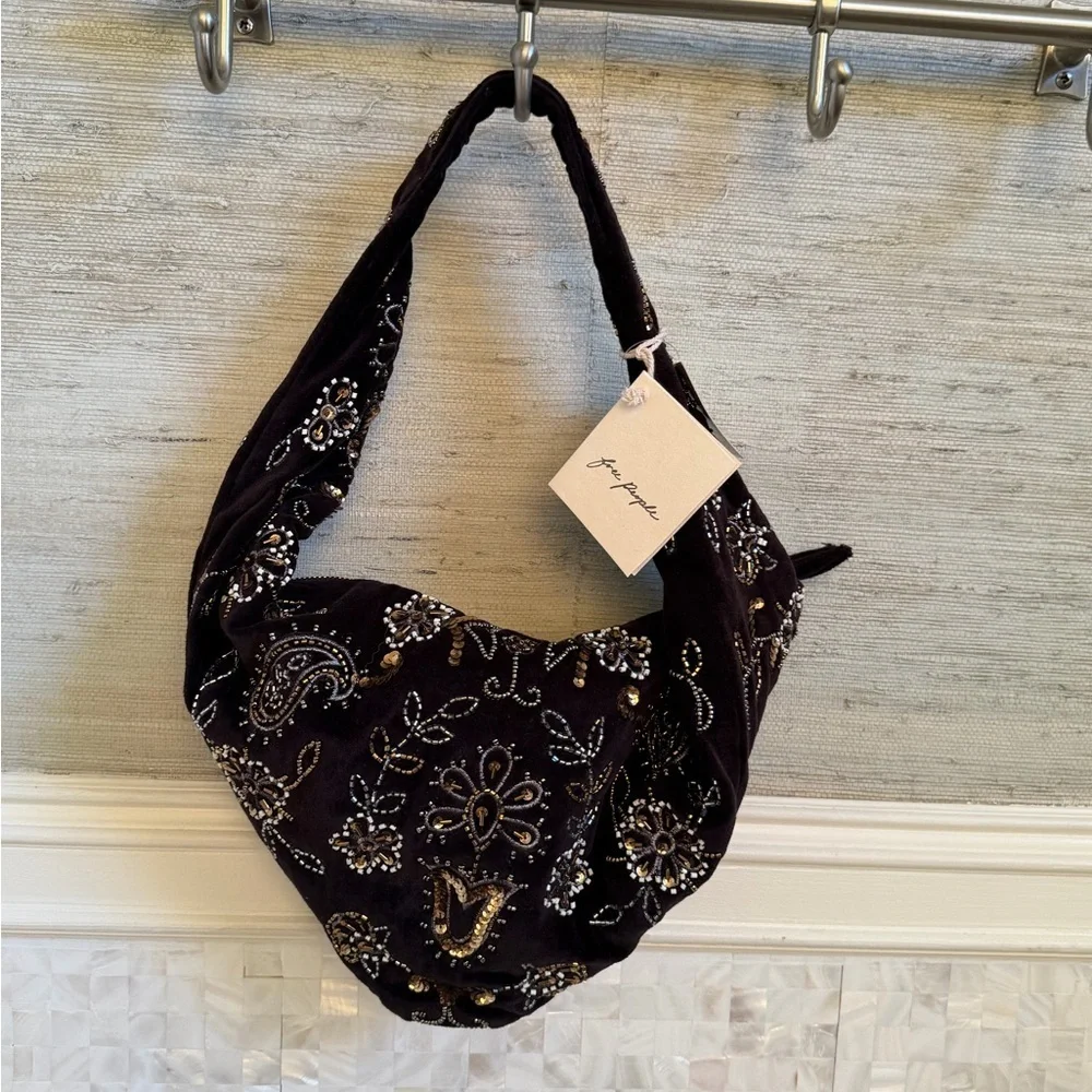 NWT new free people Nashville nights beaded embroidered bag black velvet gold