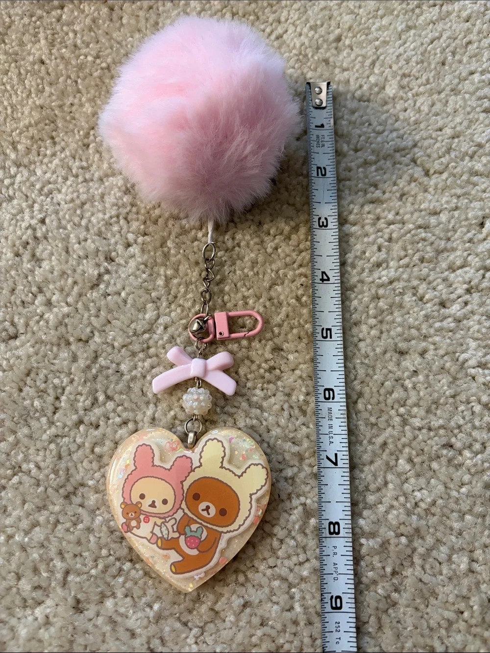 Pink Pom Pom Heart Shaped Resin Keychain with Cute Bears