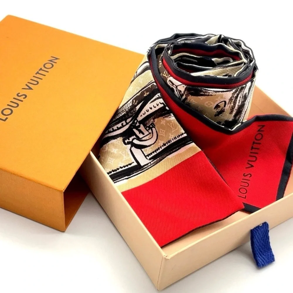 Auth Louis Vuitton Twilly Monogram Bandeau Red Silk Scarf/WB