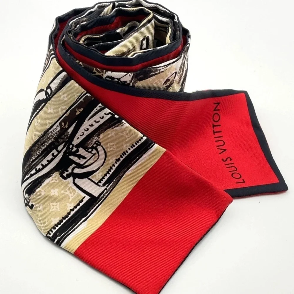 Auth Louis Vuitton Twilly Monogram Bandeau Red Silk Scarf/WB