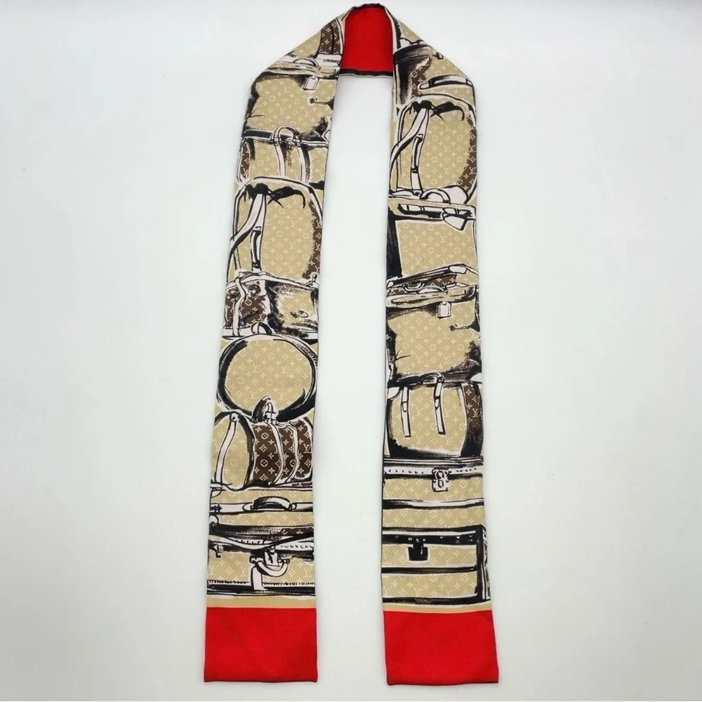 Auth Louis Vuitton Twilly Monogram Bandeau Red Silk Scarf/WB
