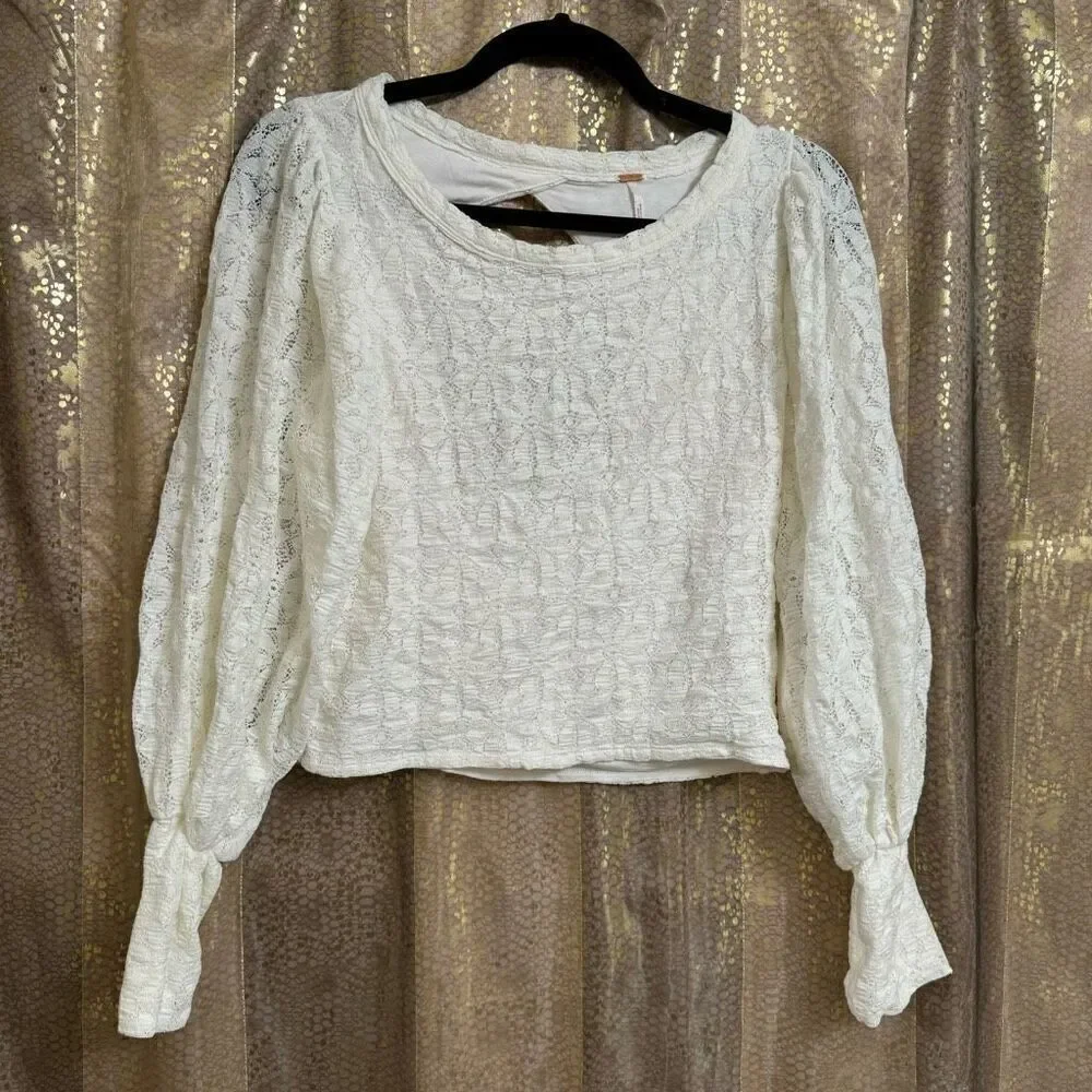 Free People Jasmine Tea Time Long Puff Lace‎ Sleeve Open Back Top Ivory Medium