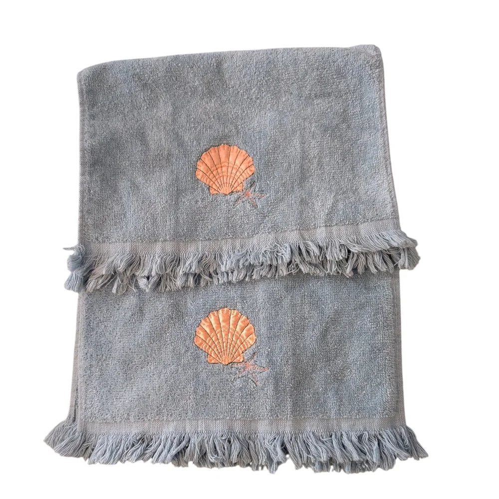Cannon Vintage Royal 2pc Set Blue‎ Cotton Embroidered Satin Seashell Hand Towels