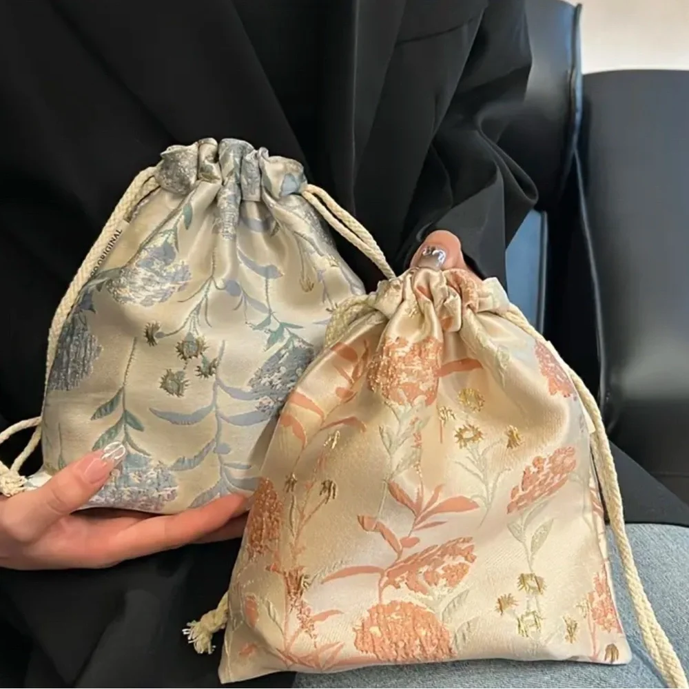 Floral Drawstring Bag - Cream and Pink