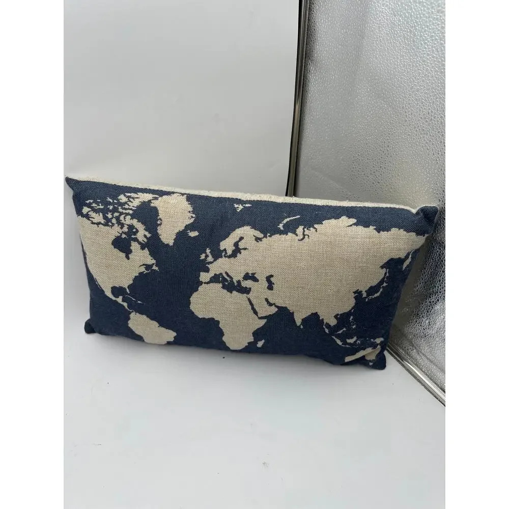 Burlap Linen Dark Blue World Map 18