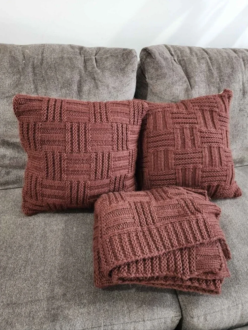 Threshold Matching Burguny Basket Weave Pillows & Throw Blanket