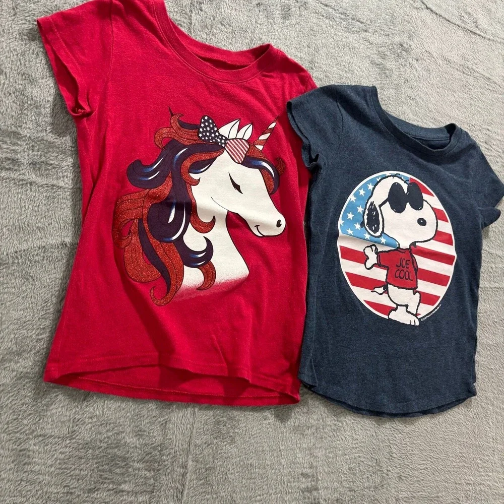 The Childrens Place Family Fun Girls 4 5 Red Navy Graphic T-Shirt Lot 2pc Casual