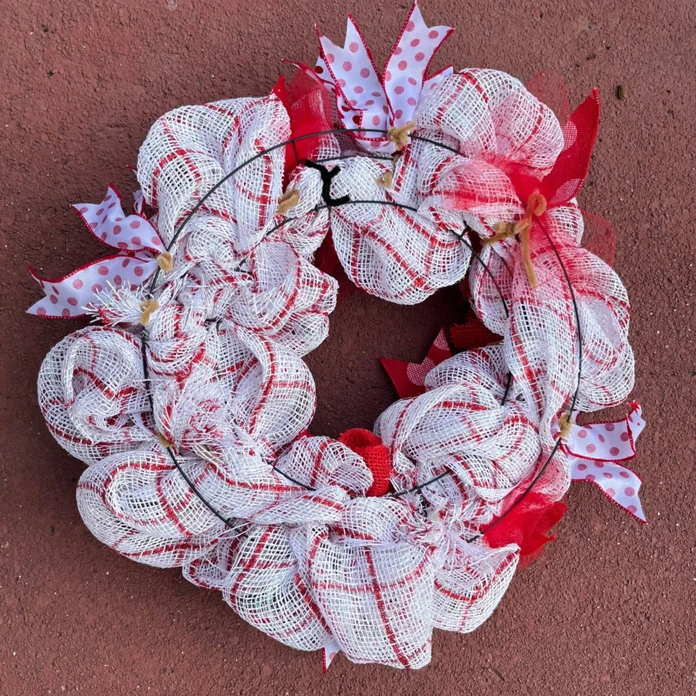 Handmade Red and White Deco Mesh Wreath Polka Dot Burlap Valentine Decor 21in