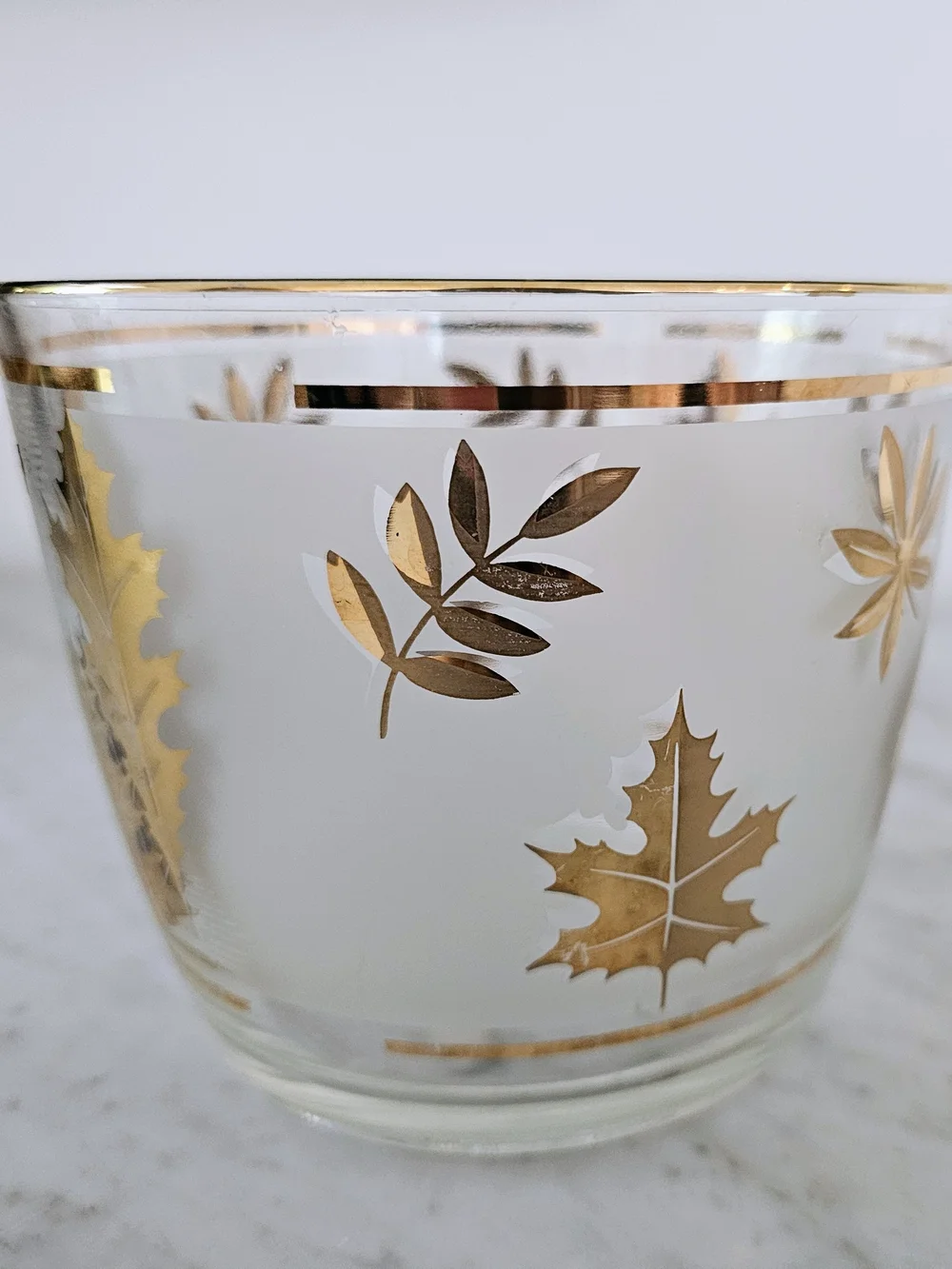 Vintage Libbey Gold Leaf Ice Bucket Frosted Glass Barware Mid Century