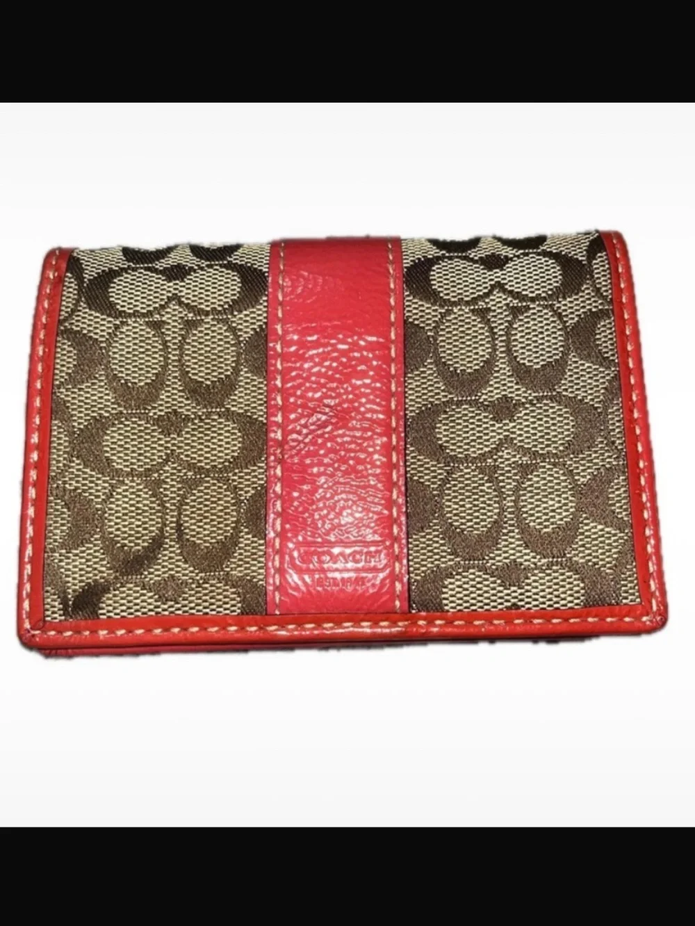 Coach Vintage Signature Canvas Mini Bifold Card Wallet Red/Pink Trim