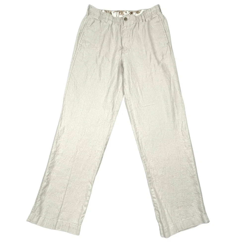 28 Palms Mens 100% Linen Pants L 32 Beige Straight Pockets Cruise Beach Wedding