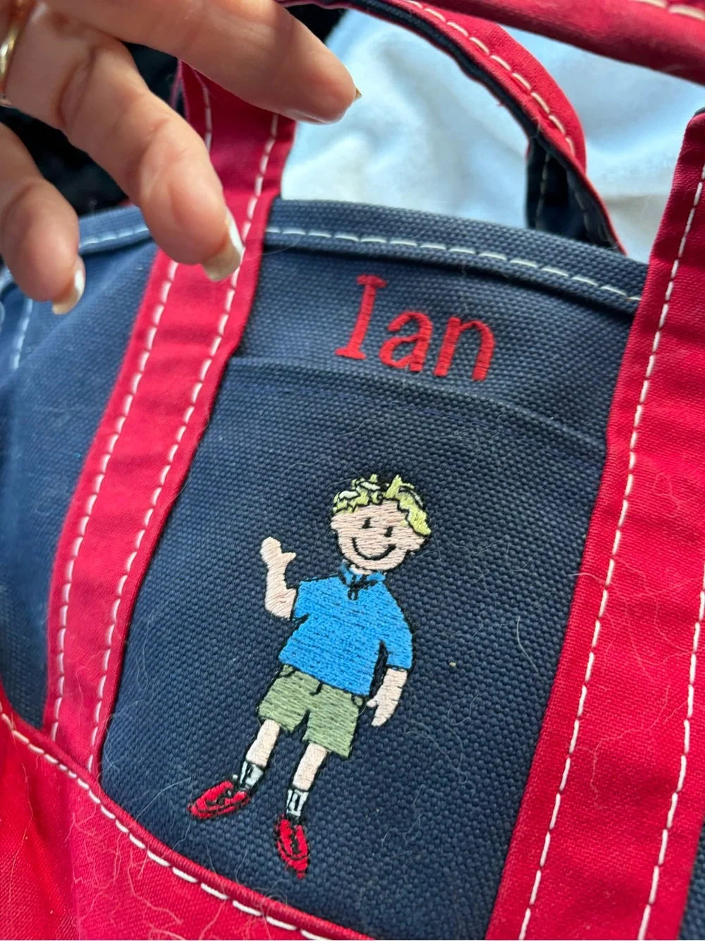 L.L. Bean Navy and Red Personalized “Ian” mini Boat & Tote with Boy Embroidery