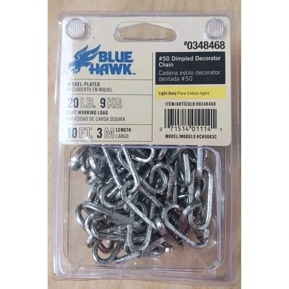 Blue Hawk 10 Ft DIMPLED Nickel Plated Decorative Oblong Chain 20 LB NEW‎ In Box