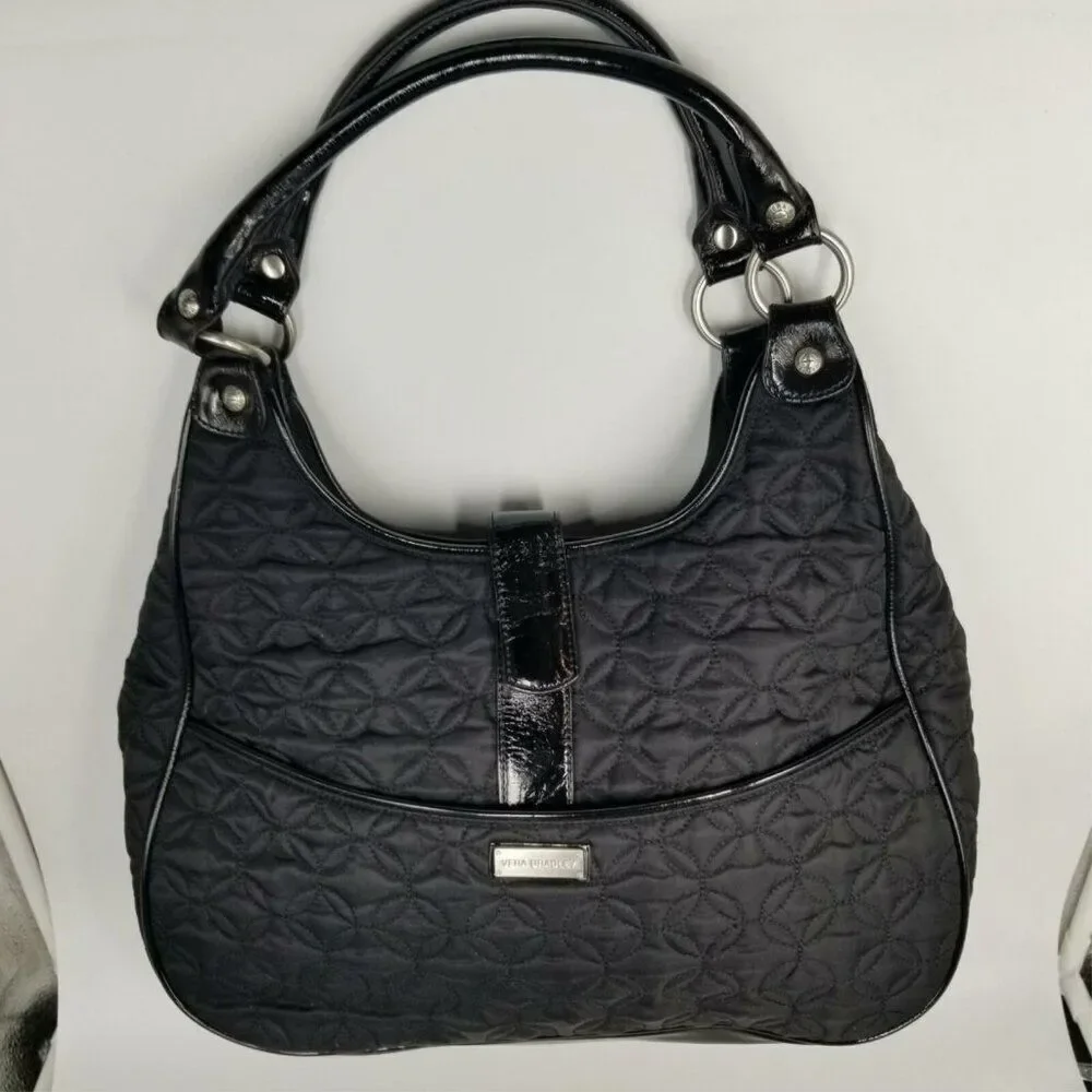 Vera Bradley Pocketbook Hobo Purse Black Quilted Patent Leather Trim