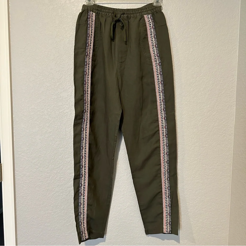 New Zara $119 SRPLS Surplus Linen Embroidered Green Pants Small 2747/972